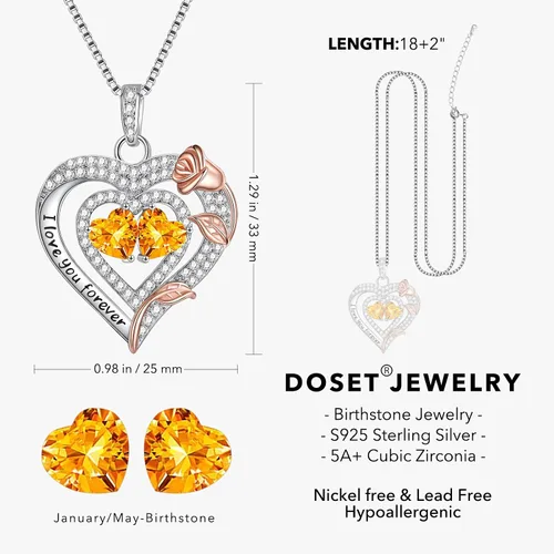 Vista 3 de Valentines Day Gifts - Sterling Silver Rose Heart Birthstone Necklace Anniversary Birthday Christmas Mothers Day Gifts - Women Jewelry Gifts for