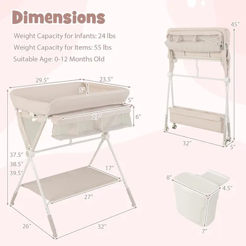 Vista 7 de BABY JOY Cambiador portátil para bebé, estación de cambio de pañales plegable con ruedas, altura ajustable, estante de almacenamiento grande
