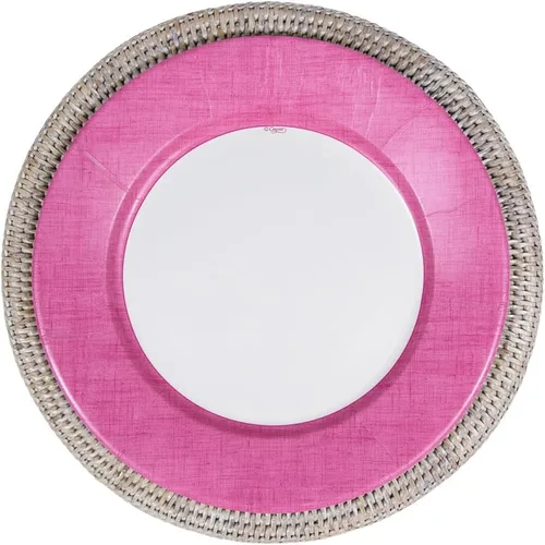 Vista 5 de Caspari Platos llanos de papel con borde de lino en fucsia, paquete de 8