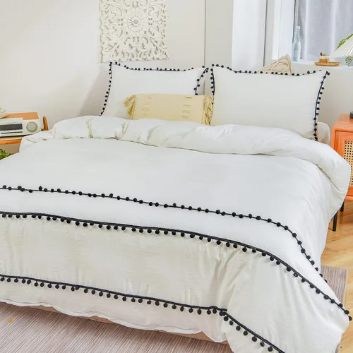 Vista 2 de Juego de funda de edredón de 3 piezas con pompones, color blanco, juego de ropa de cama color negro con flecos de pompones, bohemio, bohemio Pompón