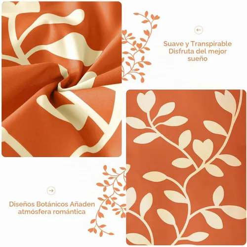 Vista 4 de Juego de edredón tamaño King – Juego de edredón de 7 piezas con estampado botánico floral en naranja con sábanas, juego de ropa de cama
