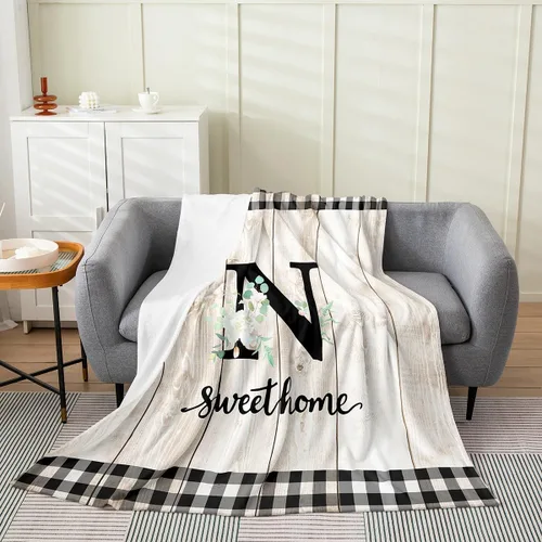 Vista 24 de Erosebridal Manta de franela de letras iniciales B, manta de vellón con letras ABC, 40 x 50 pulgadas, decoración rústica de granja, manta de felpa