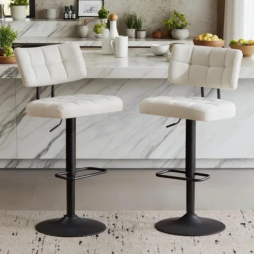 Vista 14 de Juego de 2 taburetes de bar giratorios de altura ajustable, taburetes de barra de tela de lino sin brazos con reposapiés para cocina, hogar, bar