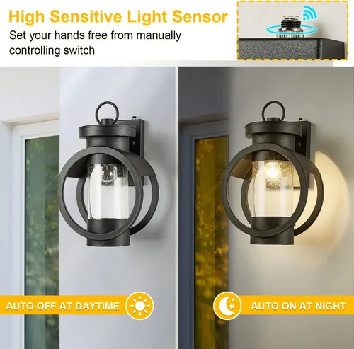 Vista 4 de Lámpara de pared industrial con sensor de atardecer a amanecer, moderna lámpara de pared exterior impermeable, lámpara de pared exterior negra mate