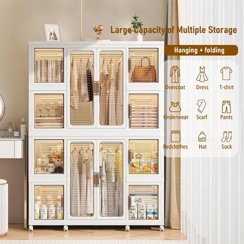 Vista 4 de Organizador portátil de almacenamiento de armario para ropa, organizador de armario plegable de plástico con puerta magnética transparente