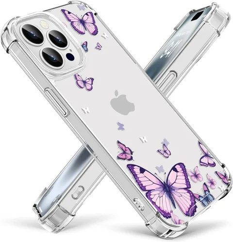Vista 11 de OOZ Funda de cristal para iPhone 11 Pro (2019) de 5.8 pulgadas, bonita funda protectora transparente, seductor patrón de mariposa morada, suave a