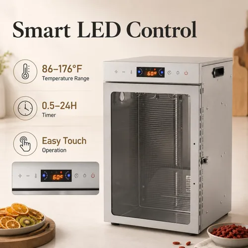 Vista 6 de Deshidratador de alimentos de acero inoxidable, gabinete de secado de caja Biltong de 800 W, capacidad de 24.5 cuartos de galón, temperatura
