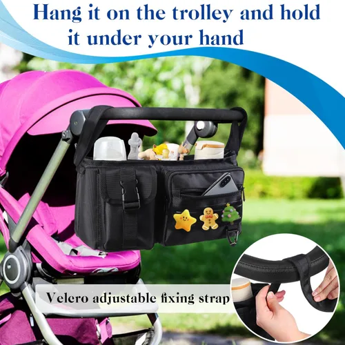 Vista 5 de Organizador de cochecito con portavasos aislado, organizador universal para cochecito de bebé, bolsillos con cremallera para teléfono, correas