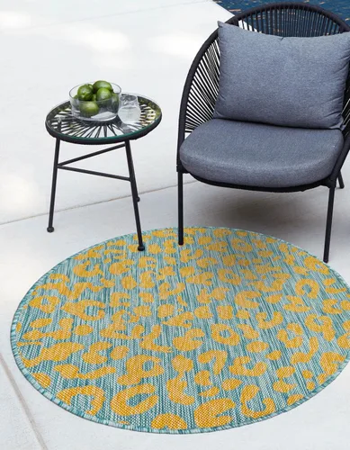 Vista 45 de Unique Loom colección Outdoor Safari Alfombra para exteriores - Leopardo (13' redonda, azul/gris)