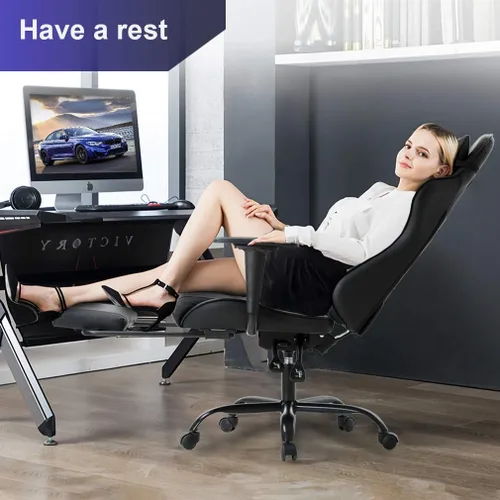 Vista 2 de Silla ergonómica para juegos para adultos, silla de escritorio ajustable con respaldo alto y soporte lumbar y reposapiés, silla de oficina de cuero