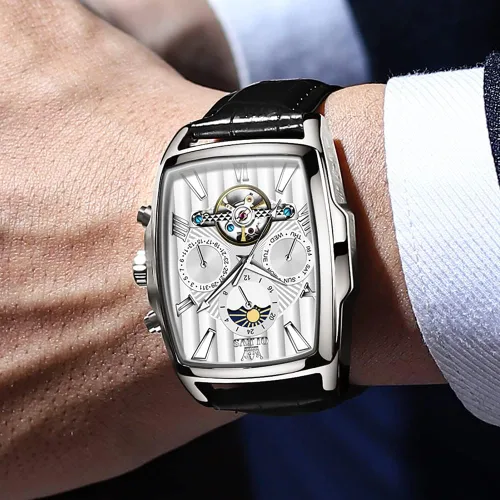 Vista 3 de OLEVS Relojes automáticos para hombre, diseño de esqueleto, retro, rectangular, para negocios, de cuero, fase lunar, luminoso, impermeable