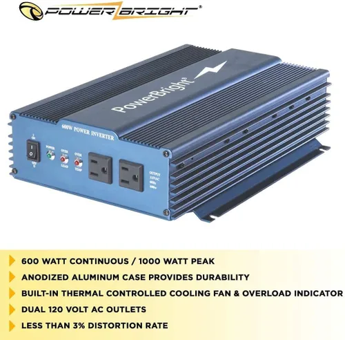 Vista 3 de PowerBright Inversor de corriente de onda sinusoidal pura de 600 vatios, inversor de coche de 12 V CC a 120 V CA con salidas dobles de CA de 120