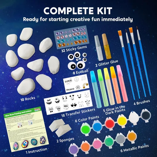 Vista 4 de Kit de pintura de roca: kit de roca que brilla en la oscuridad, artes y manualidades para niños de 6 a 12 años, suministros de arte, kits de pintura
