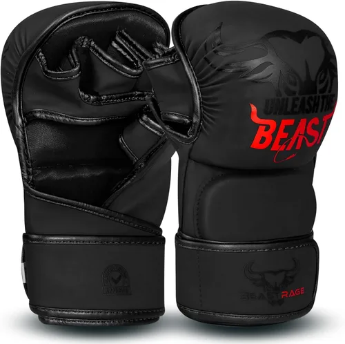 Vista 11 de BEAST RAGE Guantes MMA para Hombres Mujeres, Muñequeras Ajustables de Palma Abierta para Artes Marciales Grappling Sparring para Muay Thai Lucha
