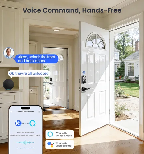 Vista 4 de Veise VE012W-B Cerradura inteligente de huellas dactilares Wi-Fi con juego de manija, control remoto de aplicación, palanca de puerta delantera