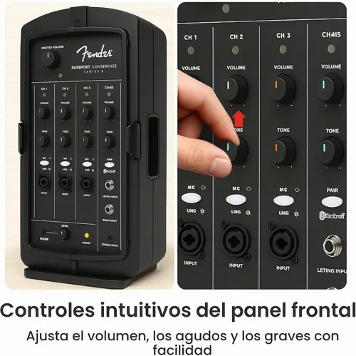 Vista 7 de Fender Paquete de sistema PA portátil Passport Conference S2 con kit de micrófono, soportes de altavoz compactos y cable de instrumento
