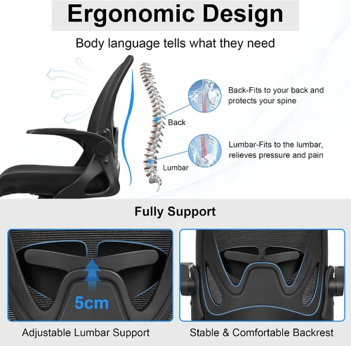 Vista 4 de Primy Silla de Oficina Ergonómica Silla de Escritorio con Reposabrazos Abatibles Silla de Escritorio Giratoria de Malla Transpirable para Negro