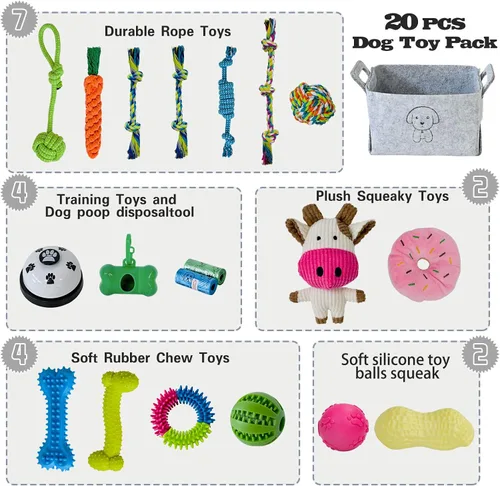 Vista 2 de MRSOHRET 20 Piezas Juguetes Masticables para Cachorros en Dentición, Juguetes Masticables para Perros con Juguete de Cuerda, Cepillo de Dientes