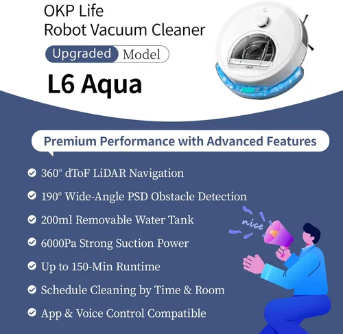 Vista 2 de OKP Life Robot aspiradora L6 Aqua, navegación LiDAR, 3.7 pulgadas súper delgada, 6000 Pa potente succión, 150 minutos, aspiradora robótica