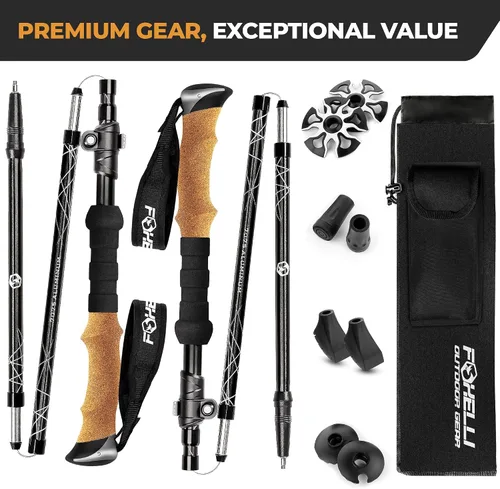 Vista 8 de Foxelli Bastones de senderismo plegables: bastones plegables ligeros y compactos para hombres y mujeres con cerraduras abatibles y accesorios todo