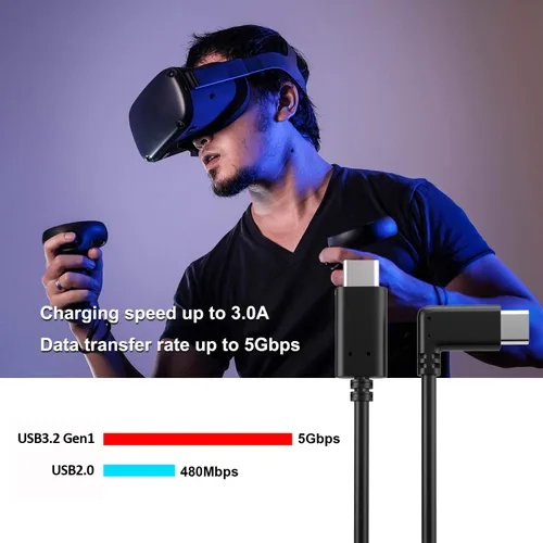 Vista 2 de Cable USB C a USB C compatible con Oculus Quest 2Quest transferencia de datos de alta velocidad de 90 grados y cable de carga rápida