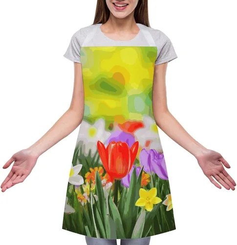 Vista 3 de MUSM Spring Flowers Apron，Classic Vintage Funny with Pockets Aprons,Adjustable Bib Waterdrop Resistant for Kitchen Cooking Restaurant BBQ Painting