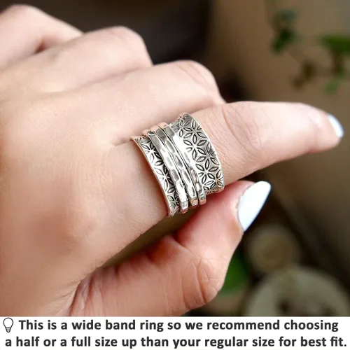 Vista 5 de Boho-Magic Anillo giratorio de plata de ley 925 para mujer flor de la vida Fidget anillos banda