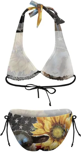Vista 8 de Bikini Teens Sexy Flag Farm Sunflower Two Piece Wrap Adjustable Strap Tie String
