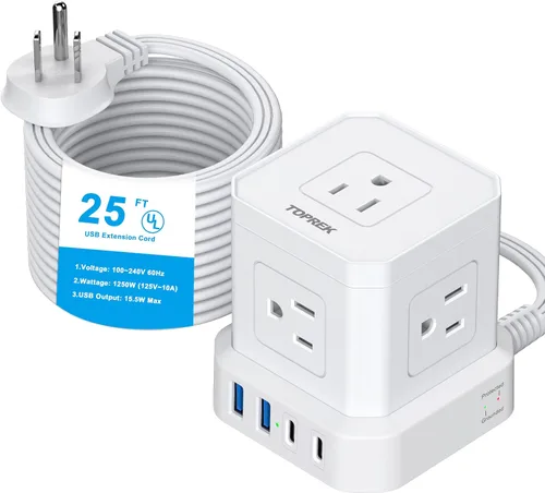 Vista 9 de TOPREK - Regleta de alimentación con USB, USB C (3.0 A) con 5 tomas, 2 USB-C y 2 USB-A, cable de extensión plano de 5 pies con enchufe plano