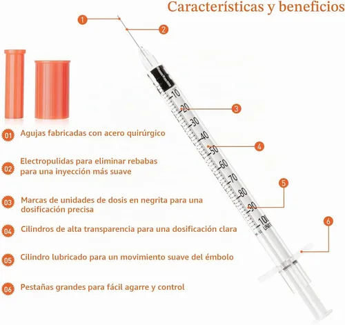 Vista 4 de Jeringas U-100 1ml 29G 0.5in/13mm, Dosificación Cómoda y Precisa, Paquete de 100