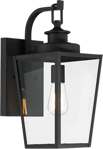 Vista 5 de Possini Euro Design Ackerly - Moderna lámpara de pared para exteriores, acero negro texturizado, paneles de vidrio transparente de 17 1/4 pulgadas