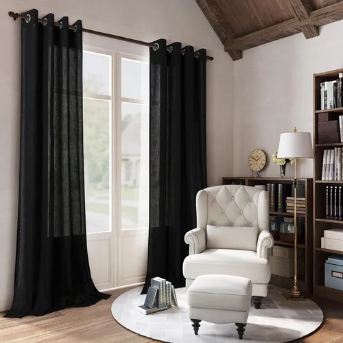 Vista 2 de Cortinas de lino negro para dormitorio y sala de estar de 84 pulgadas de largo, juego de 2 paneles, para habitación de niños, filtro de luz