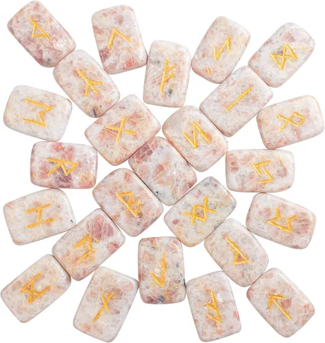 Vista 9 de Crocon Runas de piedras preciosas con forma rectangular de piedra solar con alfabeto de Futhark de élder grabado, juego de 25 runas de cristal