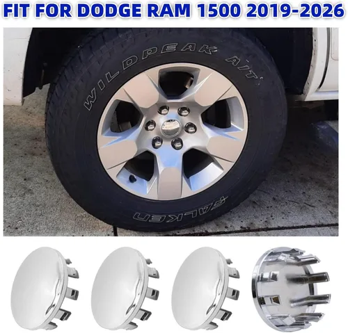 Vista 2 de 4 unidades de tapas centrales de rueda de 2.5 pulgadas (63 mm) cromadas de plástico para ruedas Dodge Ram 1500 2019-2022, reemplazo 6KF18TRMAA