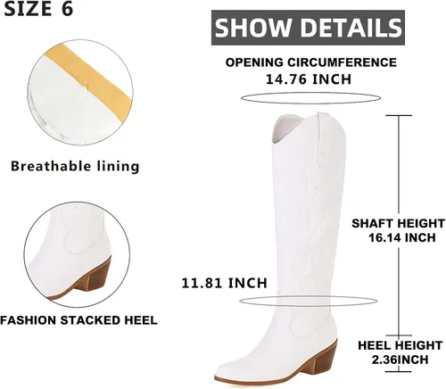 Vista 6 de MeiLuSi Botas vaqueras para mujer, hasta la rodilla, botas vaqueras con punta puntiaguda, tacón grueso, zapatos de gamuza con bordado