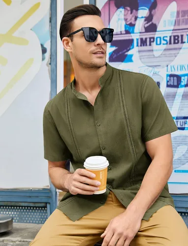 Vista 5 de Ryannology Camisas guayabera de lino de manga corta con botones para hombre, estilo casual, playa, campamento cubano, camisa mexicana para hombre