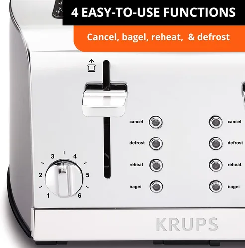 Vista 4 de KRUPS: Tostadora de 4 rebanadas, acero inoxidable, 4 funciones, cancelar, bagel, recalentar, descongelar, 1500 vatios, 6 ajustes de sombra, bandeja