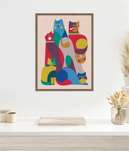 Vista 3 de Kate and Laurel Lienzo enmarcado para pared, diseño de gatos abstractos retro modernos 02 por Rachel Lee de 18 x 24 pulgadas, marco de nogal Sylvie