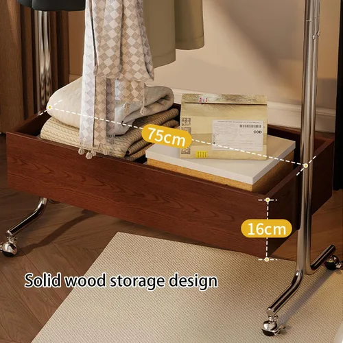 Vista 5 de Perchero de metal con ruedas, con estante de almacenamiento de madera, estantes de ropa rodantes para colgar ropa, perchero para dormitorio, Negro