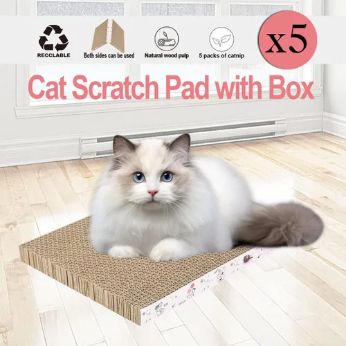 Vista 7 de 5 paquetes en 1 almohadilla para arañazos para gatos con caja, cartón rascador para gatos, reversible, cartón duradero reciclable, adecuado para que