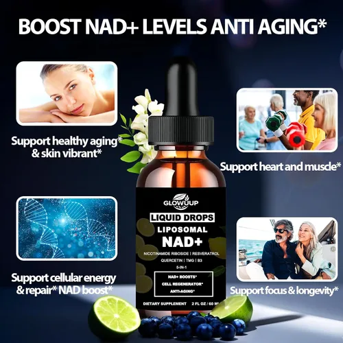 Vista 3 de Suplementos NAD para mujeres y hombres, liposomal NAD nicotinamida ribósido resveratrol 900 mg con vitamina B3 quercetina TMG, resveratrol líquido