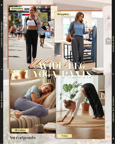 Vista 40 de Neer - Conjunto de 3 pantalones de yoga de pierna ancha para mujer - Pantalones deportivos cómodos, holgados, de cintura alta y casuales