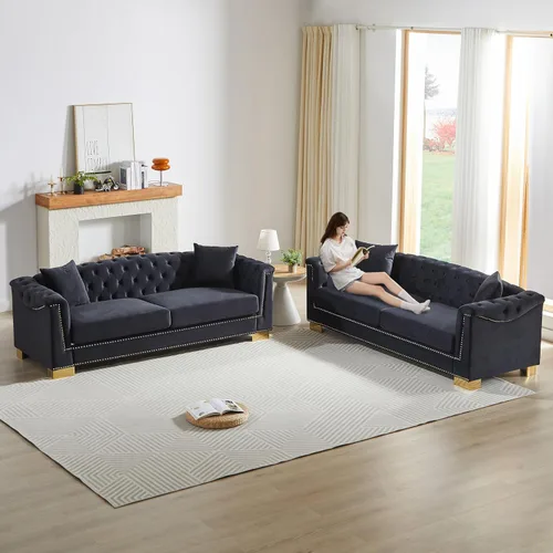 Vista 9 de Chesterfield - Juego de 2 sofás combinados de terciopelo de 3 plazas, 4 cojines clásicos de 6.5 pulgadas, brazo enrollado moderno adecuado para sala