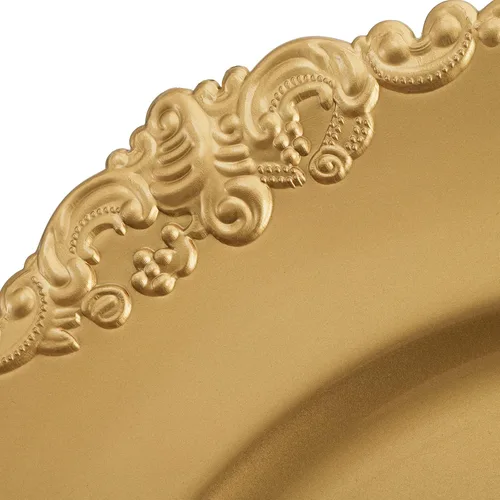 Vista 3 de Okllen Paquete de 12 Platos Base Dorados, Platos Base Redondos para Cena de 13" con Borde en Relieve para Catering, Boda, Decoración de Mesa