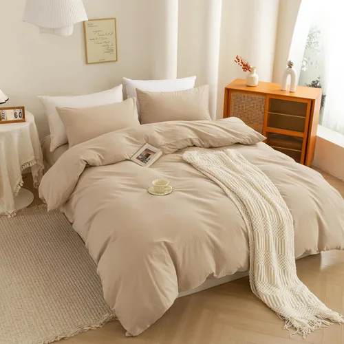 Vista 5 de ECOCOTT Funda de edredón tamaño Queen, 100 % algodón lavado, 1 funda de edredón con cremallera y 2 fundas de almohada, ultra suave y de fácil Beige