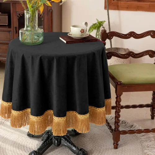 Vista 25 de F-CHU - Funda de terciopelo negro de lujo para mesita de noche con flecos dorados, mantel decorativo para mesita de noche, a prueba de polvo