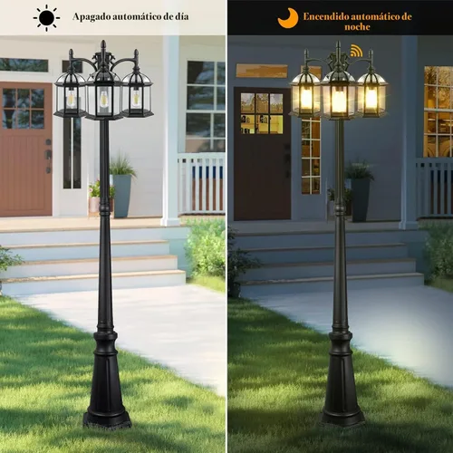 Vista 2 de Lámpara de poste de luz para exteriores del atardecer al amanecer con 3 bombillas LED, poste de luz de calle de aluminio de triple cabezal