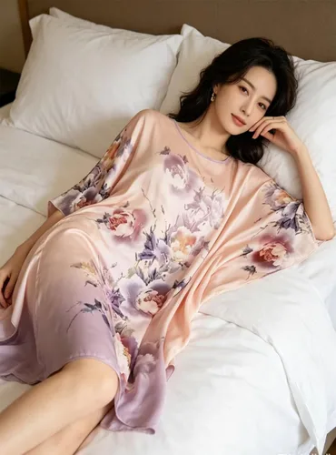 Vista 6 de Pijama de seda 100% para mujer, batas de baño de seda para mujer, batas de kimono de seda, batas de baño con mangas de muñeca, estampado floral