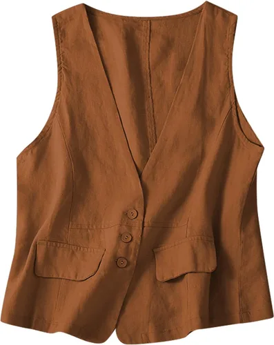 Vista 49 de COTECRAM Chaleco de lino de algodón para mujer, casual, sin mangas, con botones, ligero, para verano, holgado, ropa de abrigo