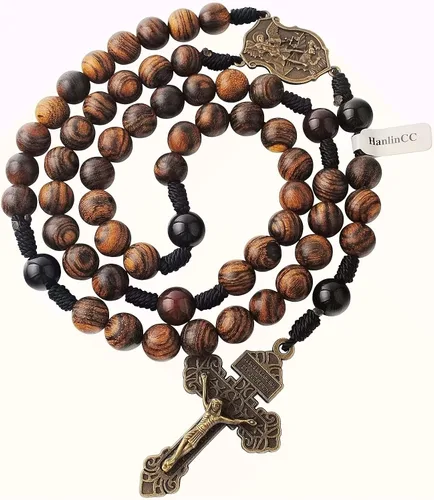 Vista 3 de HanlinCC Cuentas de madera maciza hechas a mano de 0.394 pulgadas con piedra de ágata, collar de rosario católico para hombres con pieza central